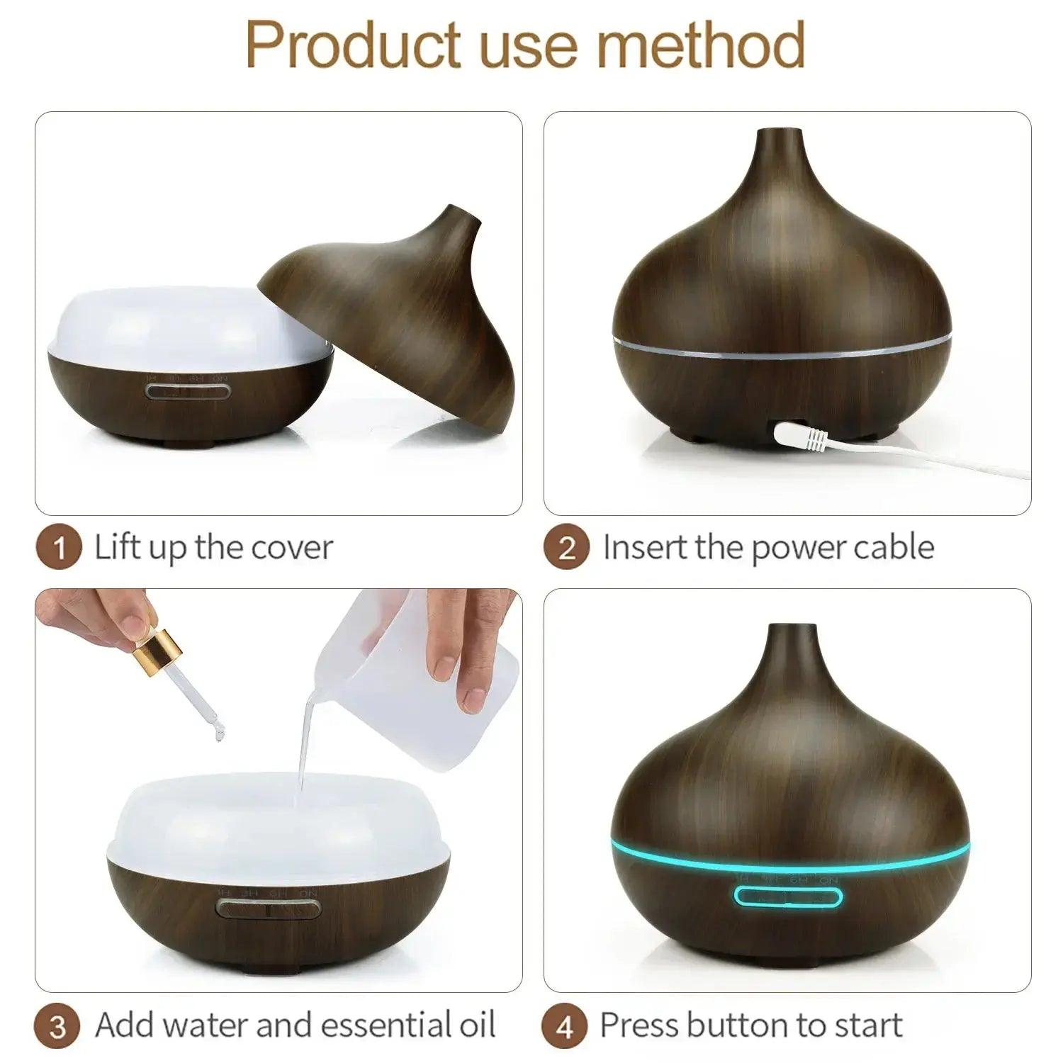 500ML Wood Grain Essential Oil Diffuser | Remote Ultrasonic Humidifier with 7 Color