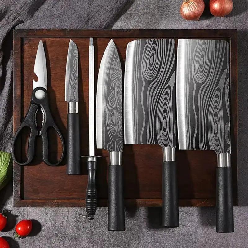 Damascus Pattern Chef Knife Set | Laser-Etched Stainless Steel Kitchen Utility Kit