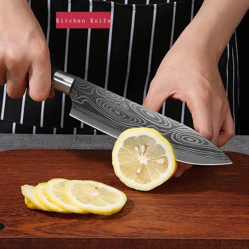 Damascus Pattern Chef Knife Set | Laser-Etched Stainless Steel Kitchen Utility Kit