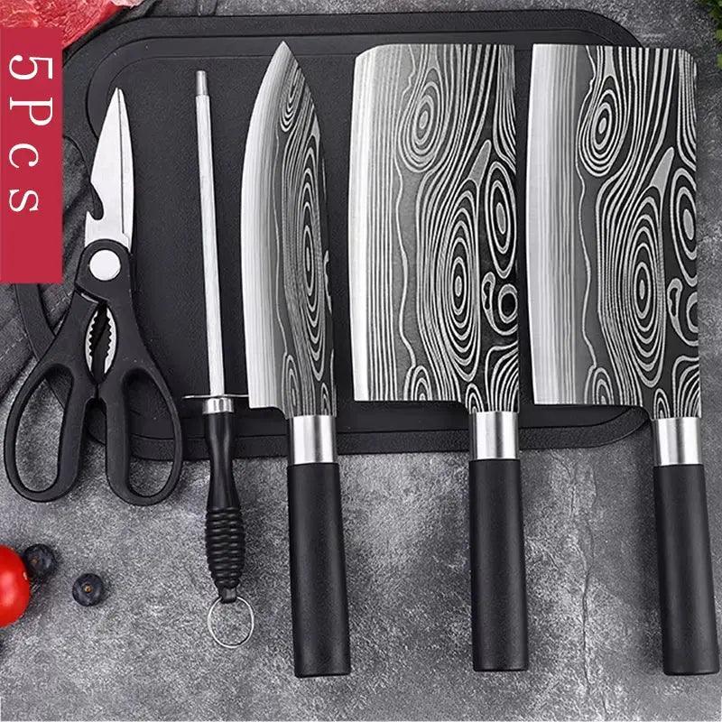 Damascus Pattern Chef Knife Set | Laser-Etched Stainless Steel Kitchen Utility Kit