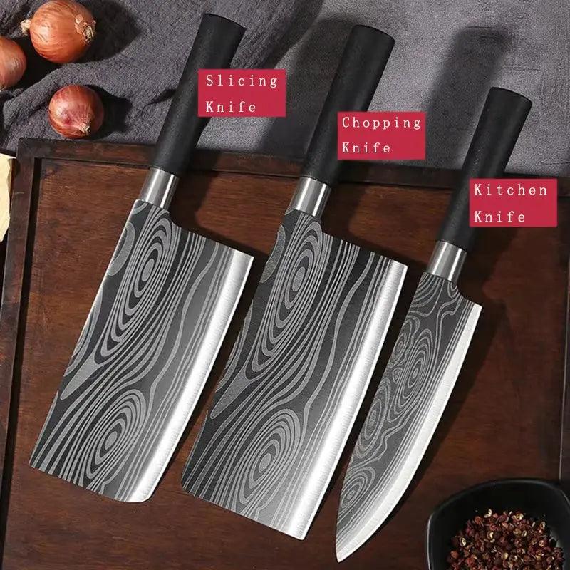 Damascus Pattern Chef Knife Set | Laser-Etched Stainless Steel Kitchen Utility Kit