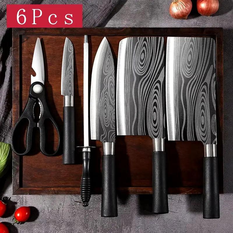 Damascus Pattern Chef Knife Set | Laser-Etched Stainless Steel Kitchen Utility Kit