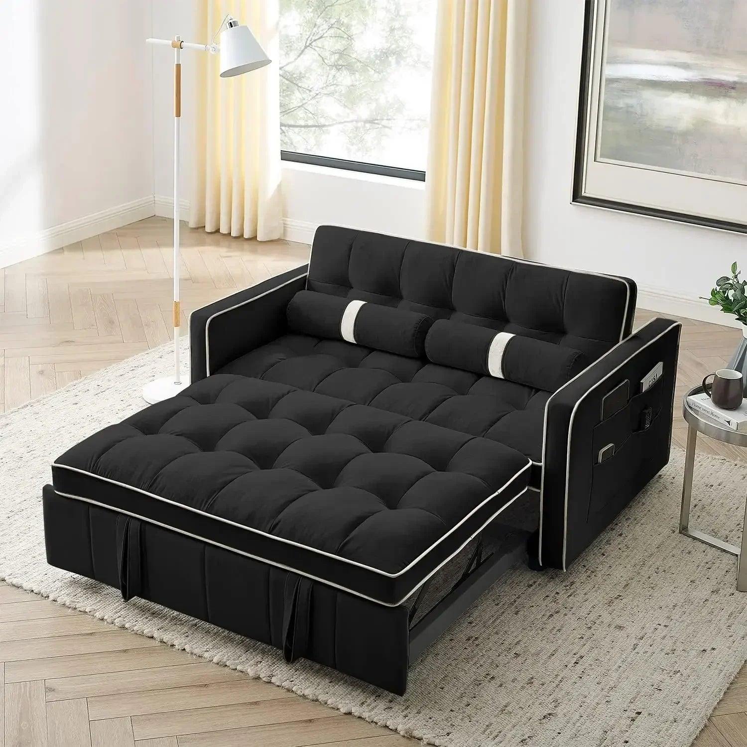 Convertible Sleeper Sofa - Small Tufted Velvet Loveseat with Pullout Bed and Adjustable Backrest - STOREBLITZ