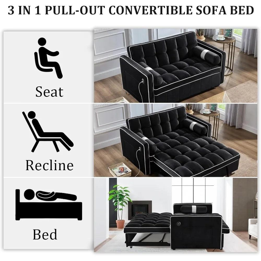 Convertible Velvet Sofa Bed - 3-in-1 Sleeper Loveseat with USB Ports and Adjustable Backrest