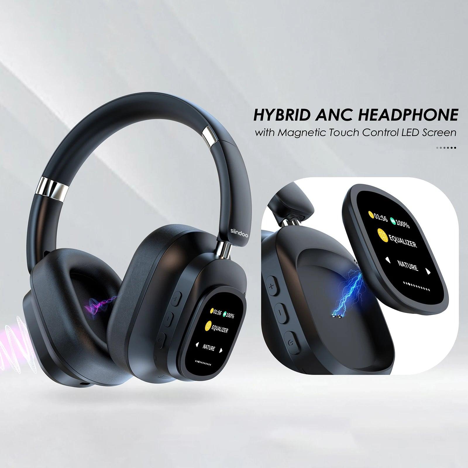 Hybrid Wireless Noise Cancelling Headphones - Touch Control with LED Screen