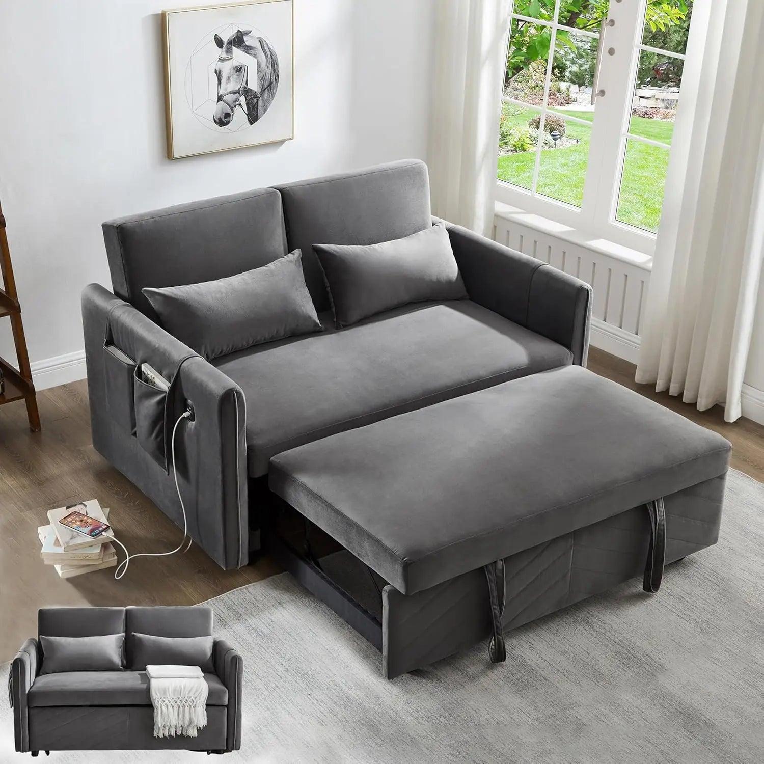 Convertible Velvet Sofa Bed - 3-in-1 Sleeper Loveseat with USB Ports and Adjustable Backrest