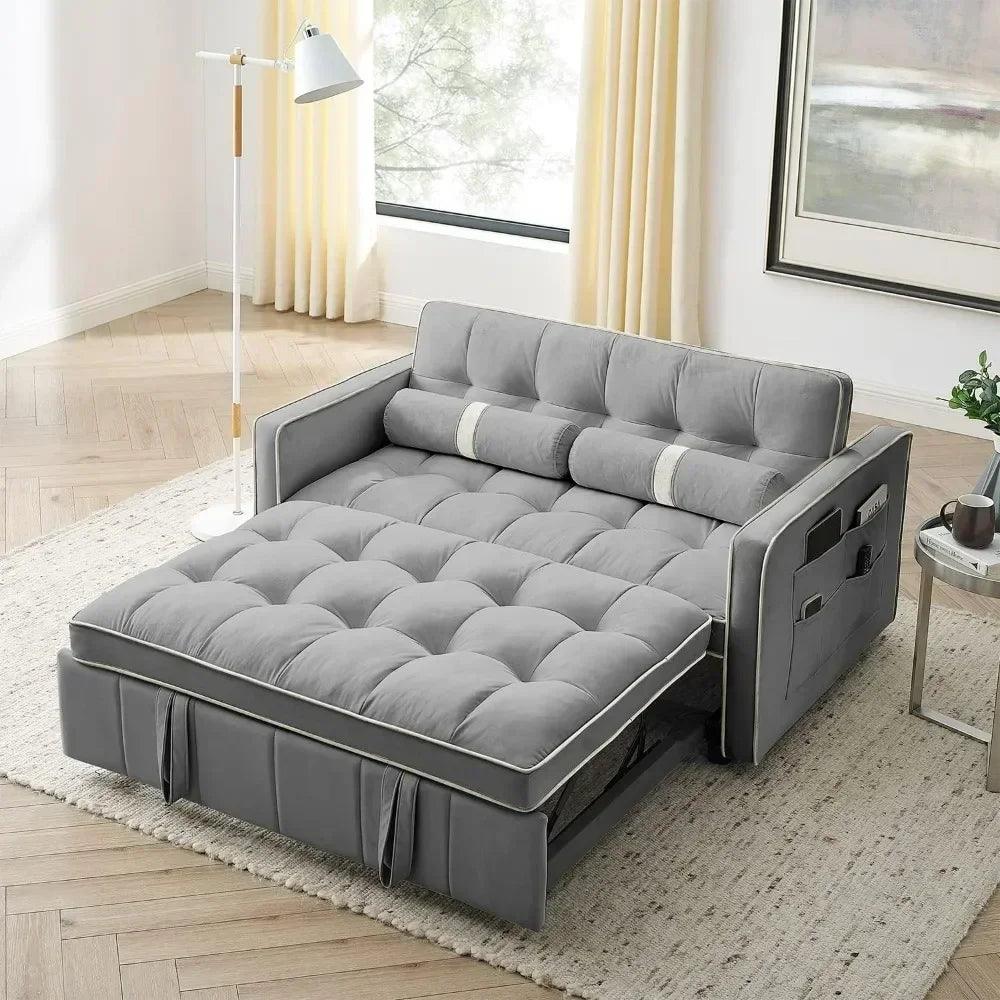 Convertible Sleeper Sofa - Small Tufted Velvet Loveseat with Pullout Bed and Adjustable Backrest