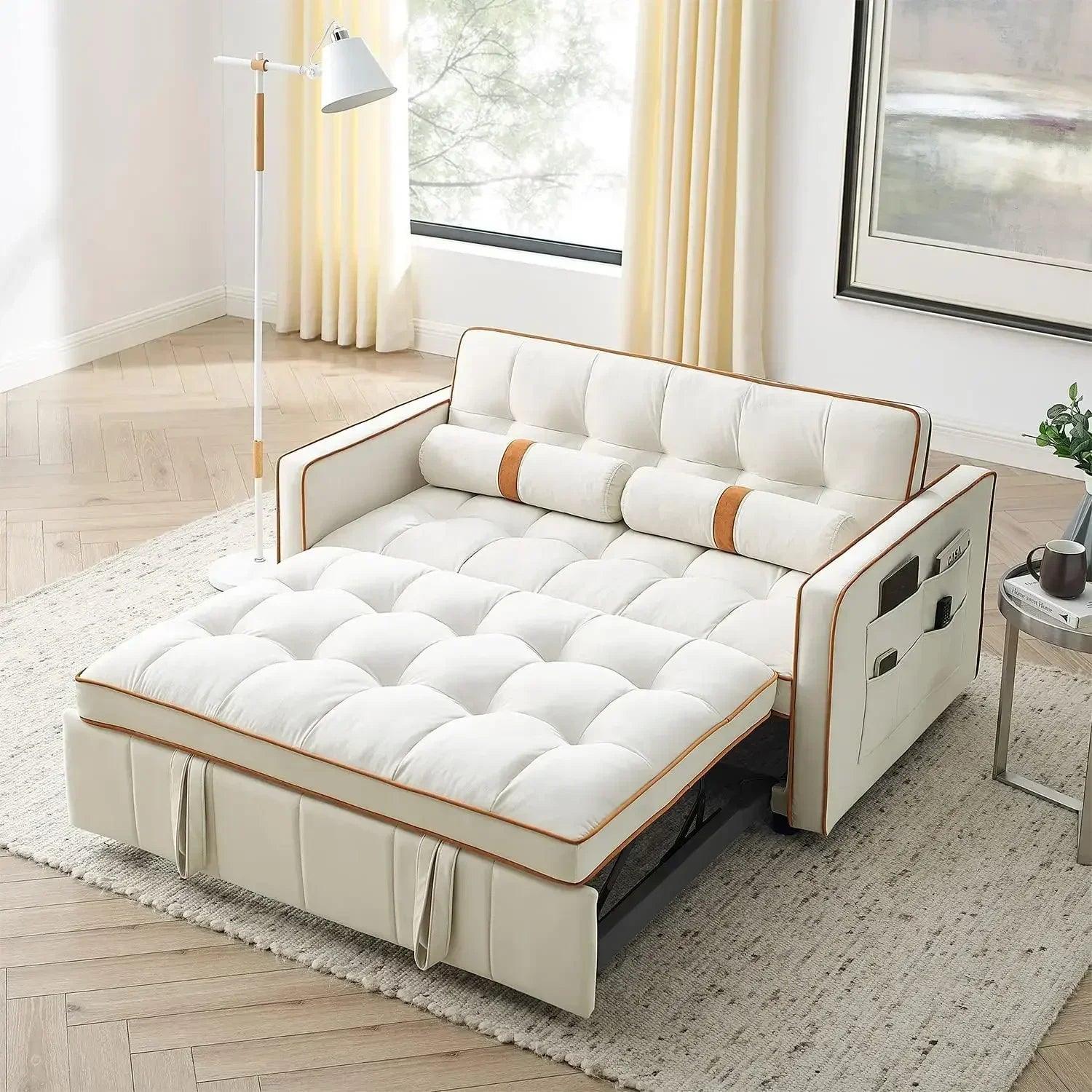 Convertible Sleeper Sofa - Small Tufted Velvet Loveseat with Pullout Bed and Adjustable Backrest