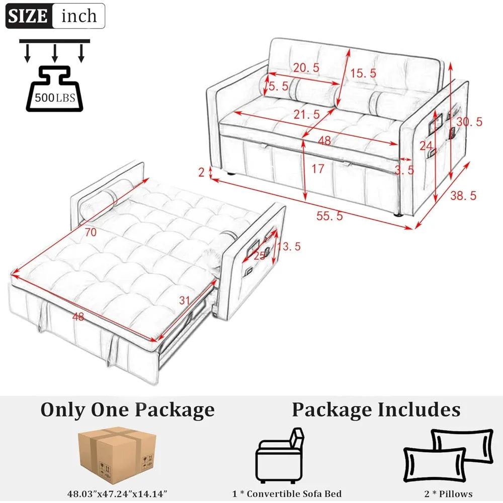 Convertible Velvet Sofa Bed - 3-in-1 Sleeper Loveseat with USB Ports and Adjustable Backrest