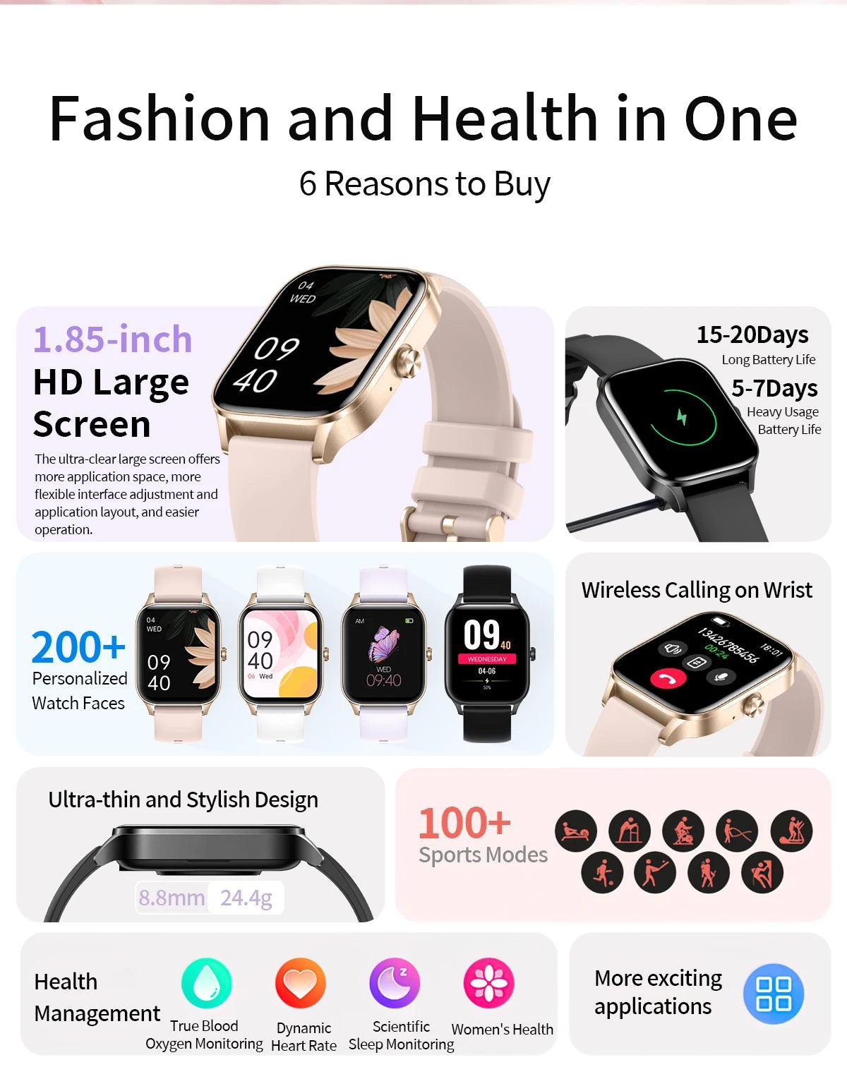 Smartwatch for Men and Women - 185 HD Display Health Monitor Bluetooth Call