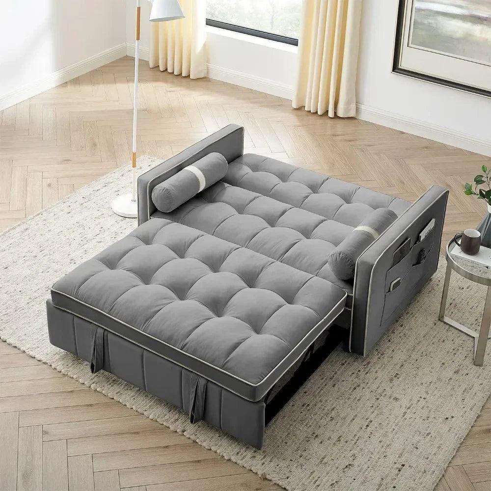 Convertible Sleeper Sofa - Small Tufted Velvet Loveseat with Pullout Bed and Adjustable Backrest