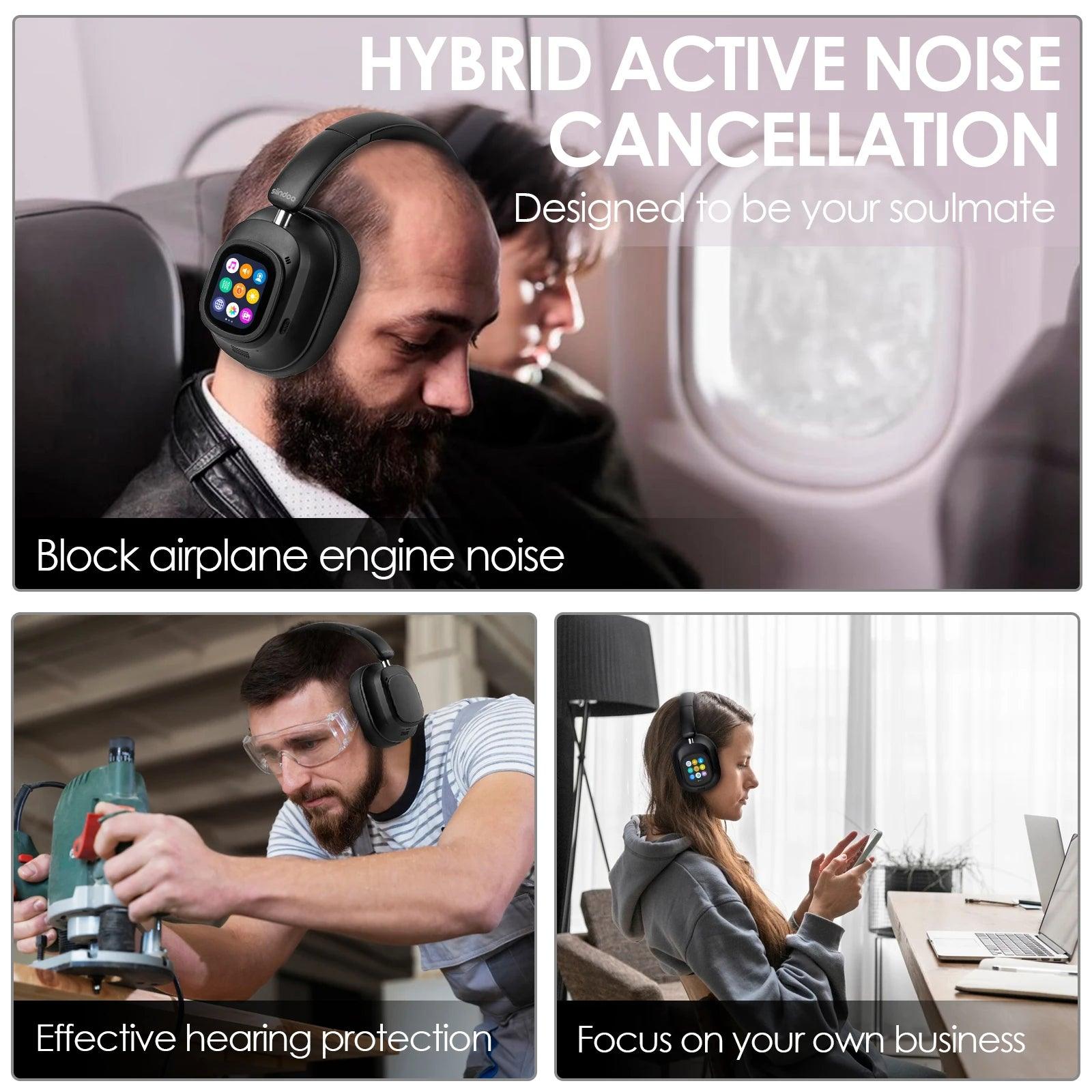 Hybrid Wireless Noise Cancelling Headphones - Touch Control with LED Screen