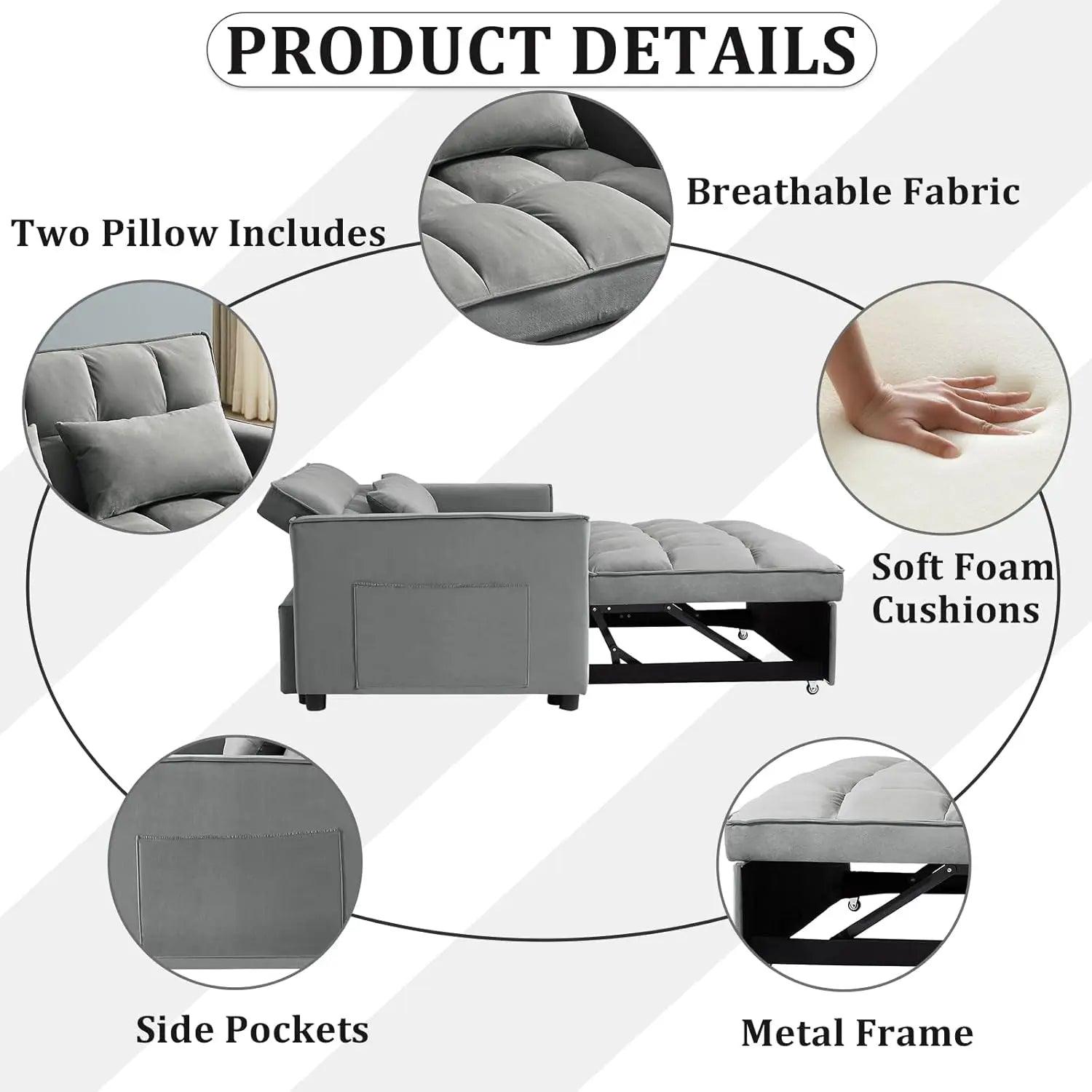 Convertible Velvet Sofa Bed - 3-in-1 Sleeper Loveseat with USB Ports and Adjustable Backrest