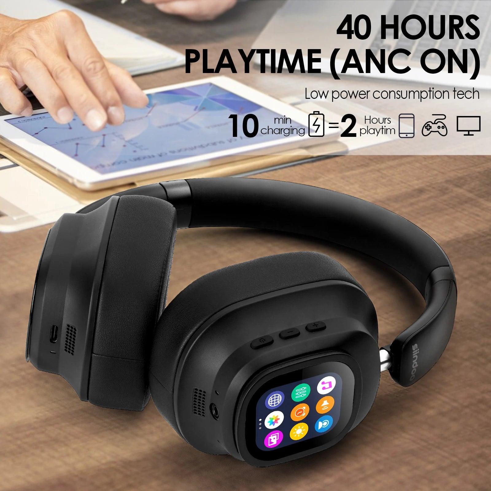 Hybrid Wireless Noise Cancelling Headphones - Touch Control with LED Screen