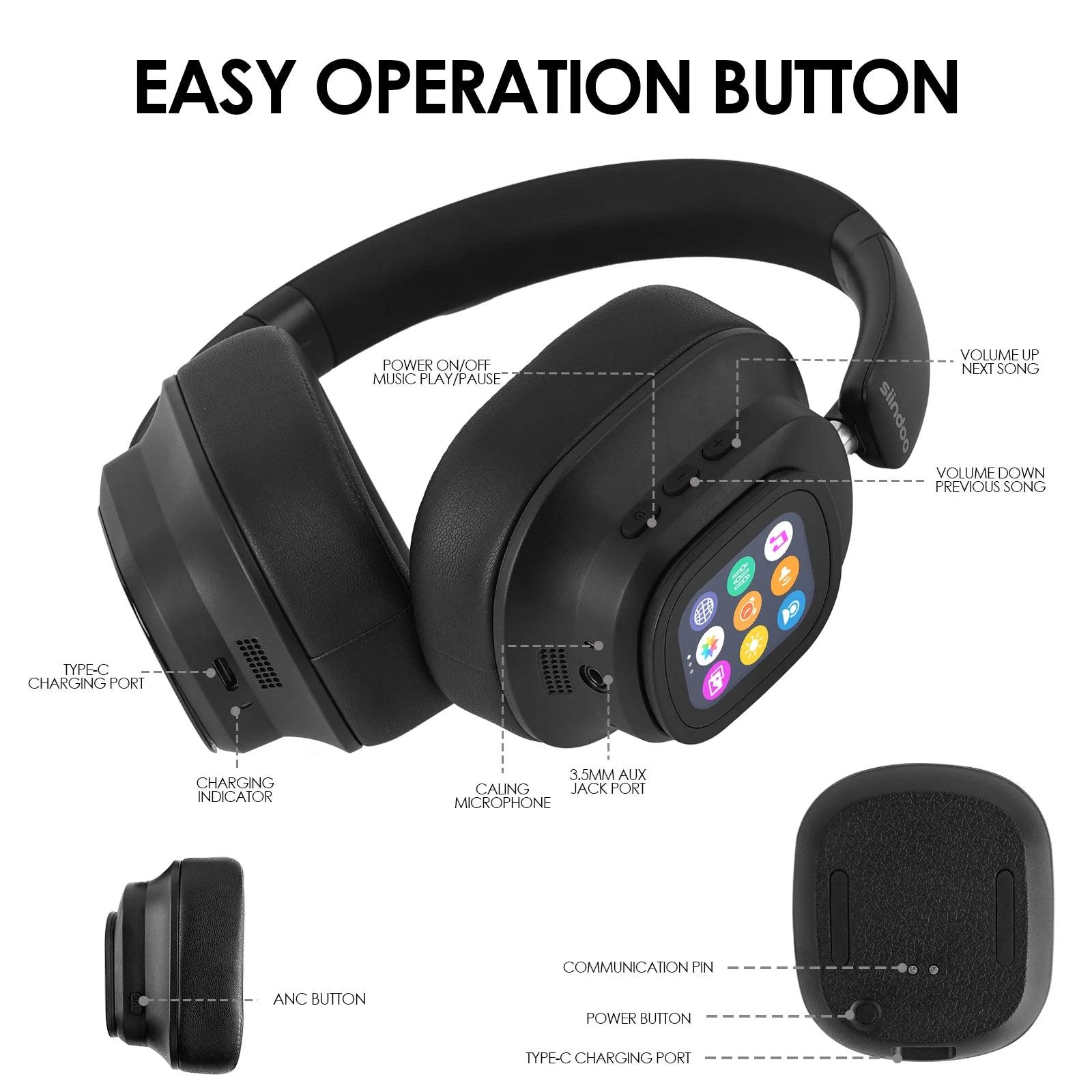 Hybrid Wireless Noise Cancelling Headphones - Touch Control with LED Screen