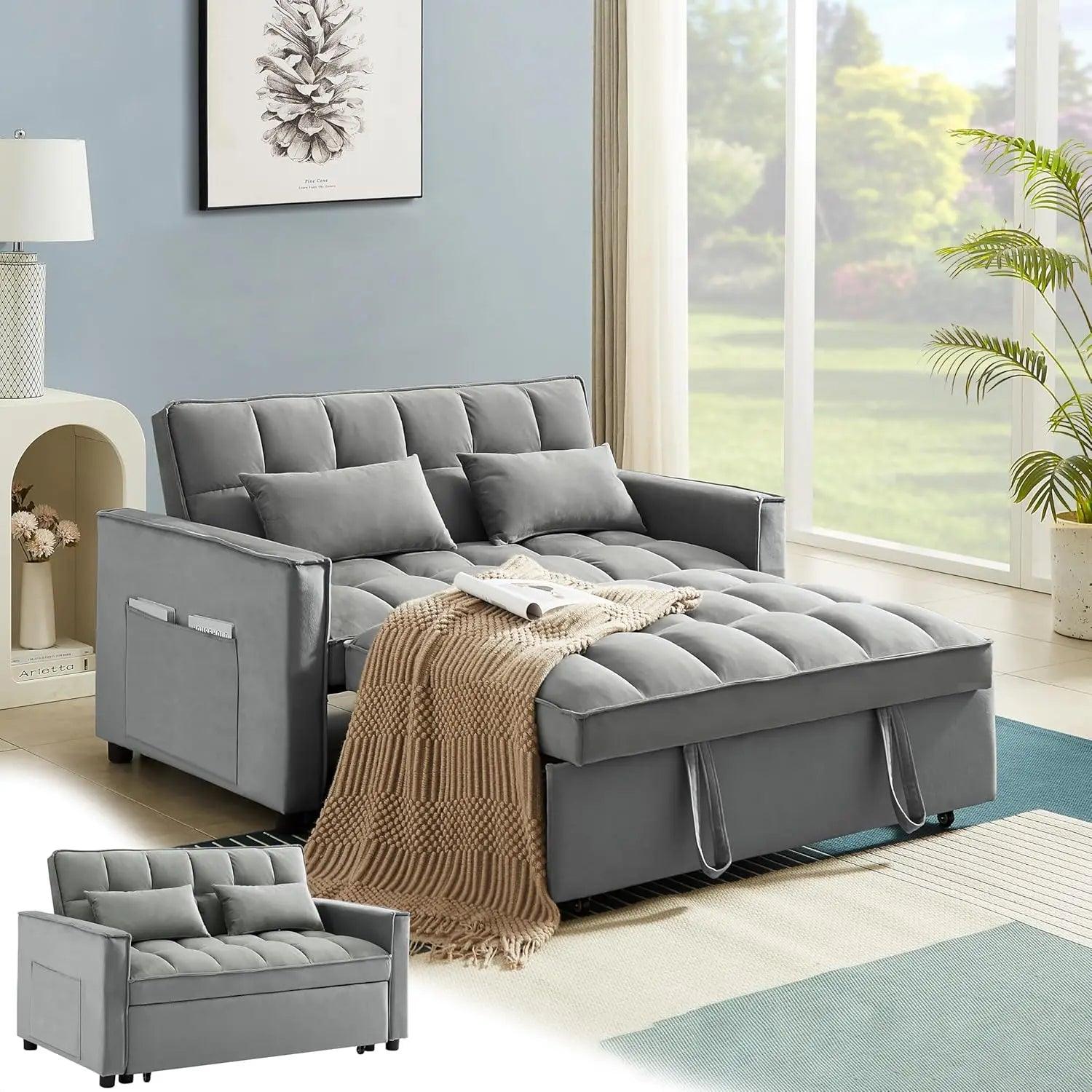 Convertible Velvet Sofa Bed - 3-in-1 Sleeper Loveseat with USB Ports and Adjustable Backrest