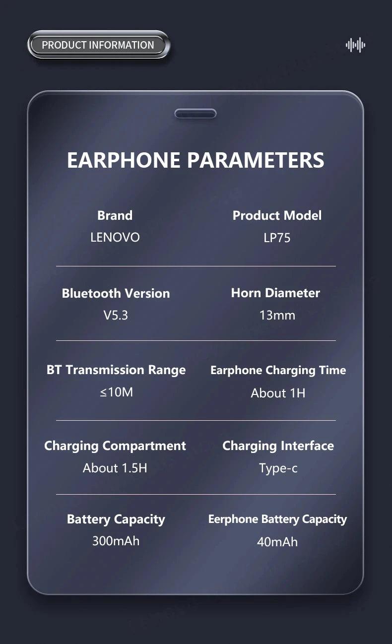 Lenovo LP75 TWS Bluetooth 53 Headphones - Wireless LED Display Noise Reduction Waterproof