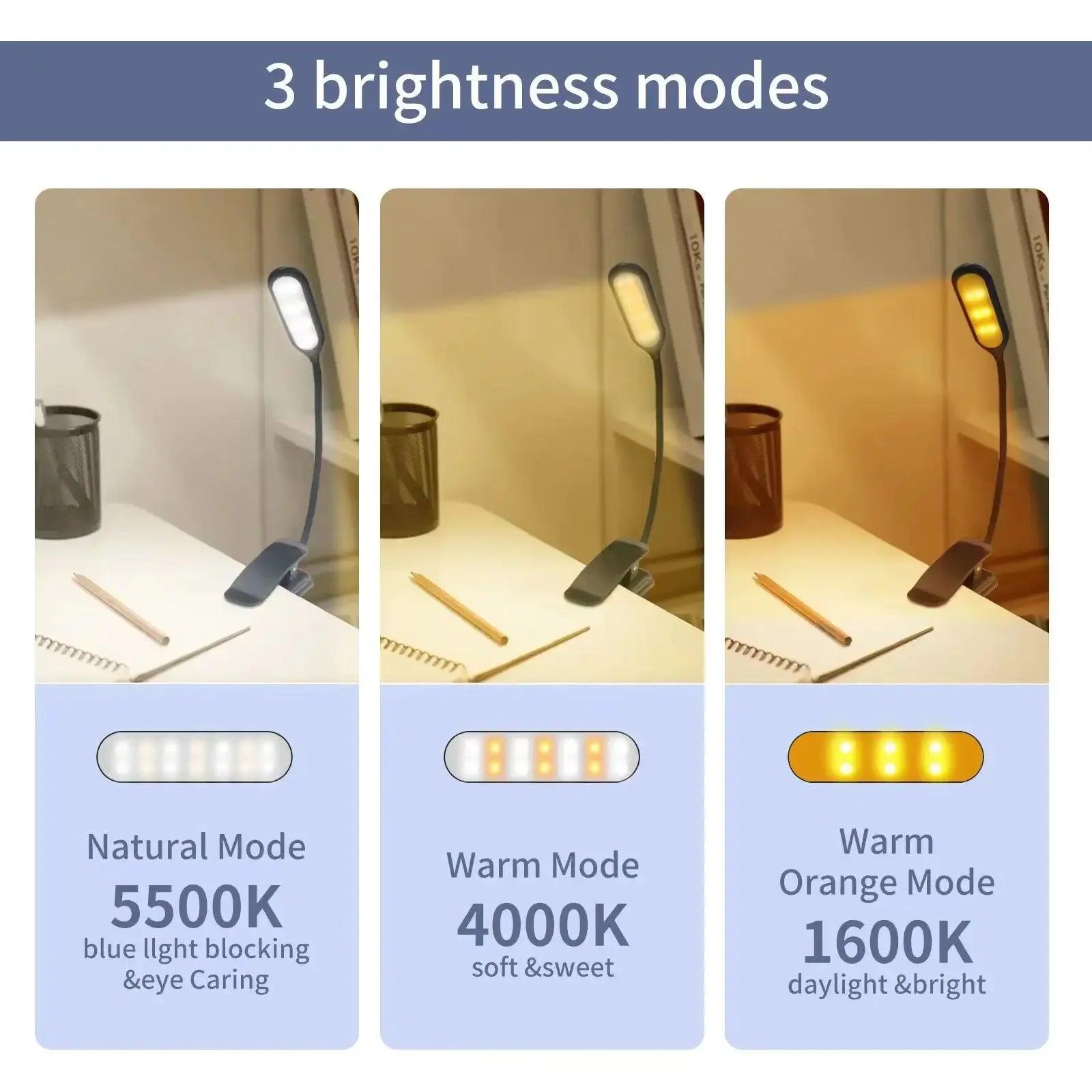 Rechargeable LED Book Light - Adjustable Brightness  3 Color Temperatures for Reading in Bed