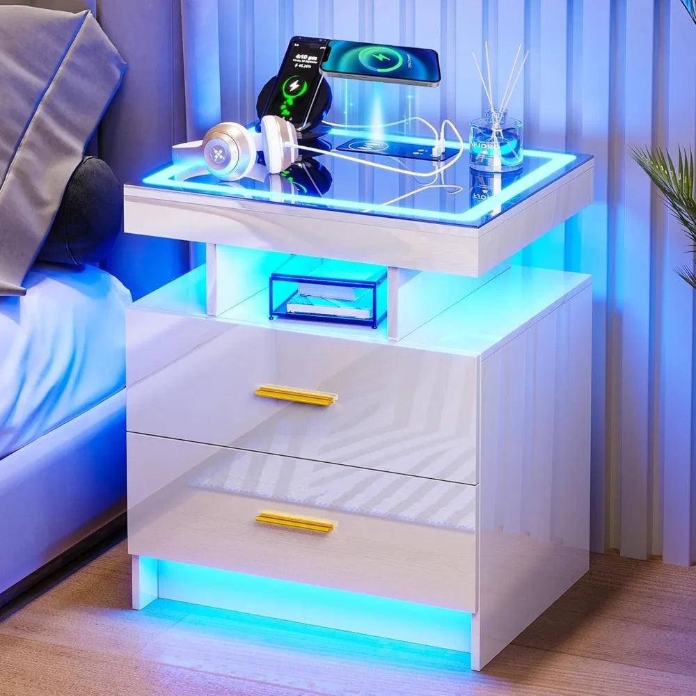 Smart LED Nightstand with USB Type-C Charging Station and Auto-Sensing Light - White - STOREBLITZ