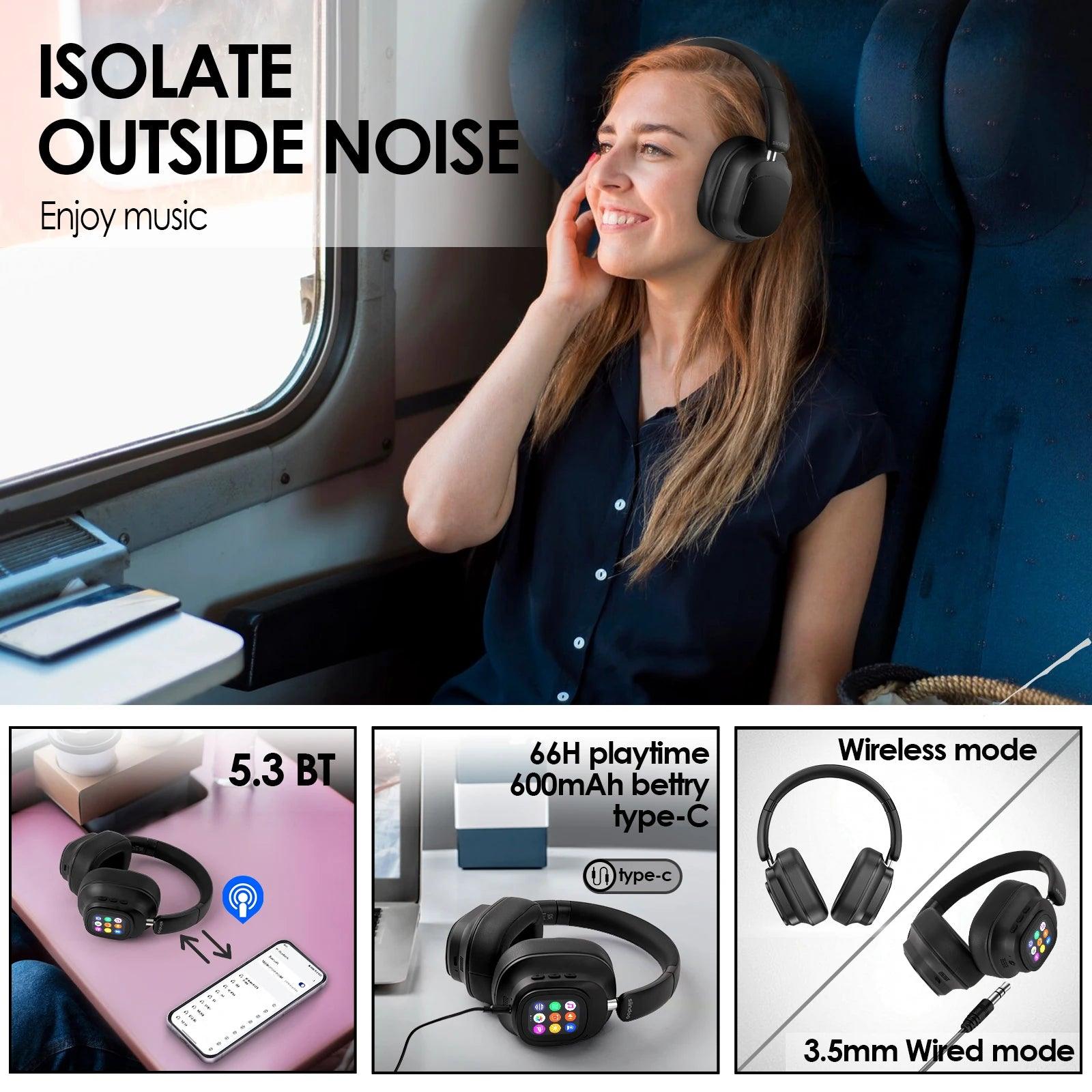 Hybrid Wireless Noise Cancelling Headphones - Touch Control with LED Screen