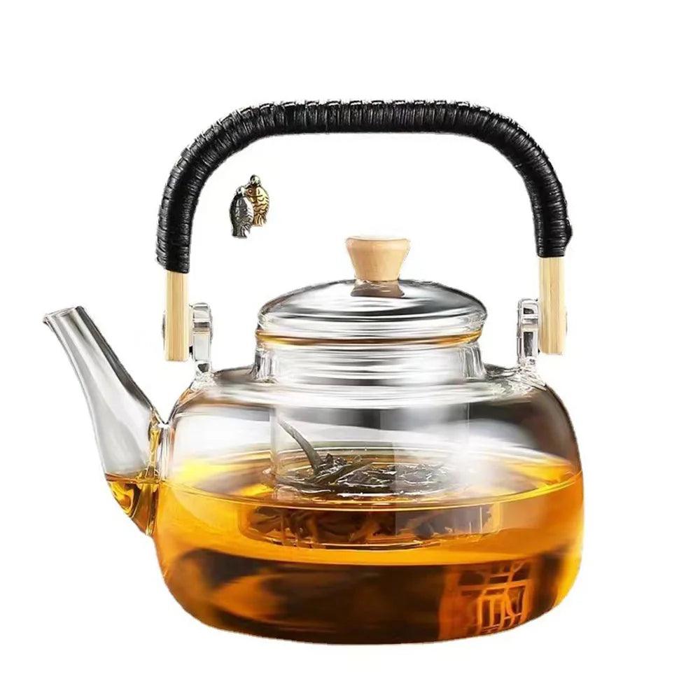 Borosilicate Glass Teapot Set - Chinese Tea Ceremony with Cup and Wooden Handle 900ML - STOREBLITZ