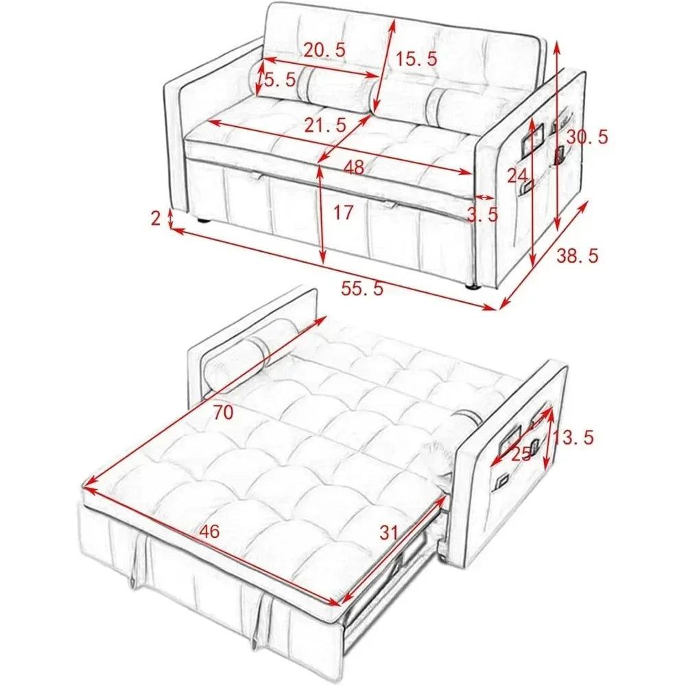 Convertible Sleeper Sofa - Small Tufted Velvet Loveseat with Pullout Bed and Adjustable Backrest