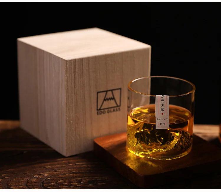 3D Mountain Whiskey Glass - Glacier Old Fashioned Tumblers in Wooden Gift Box