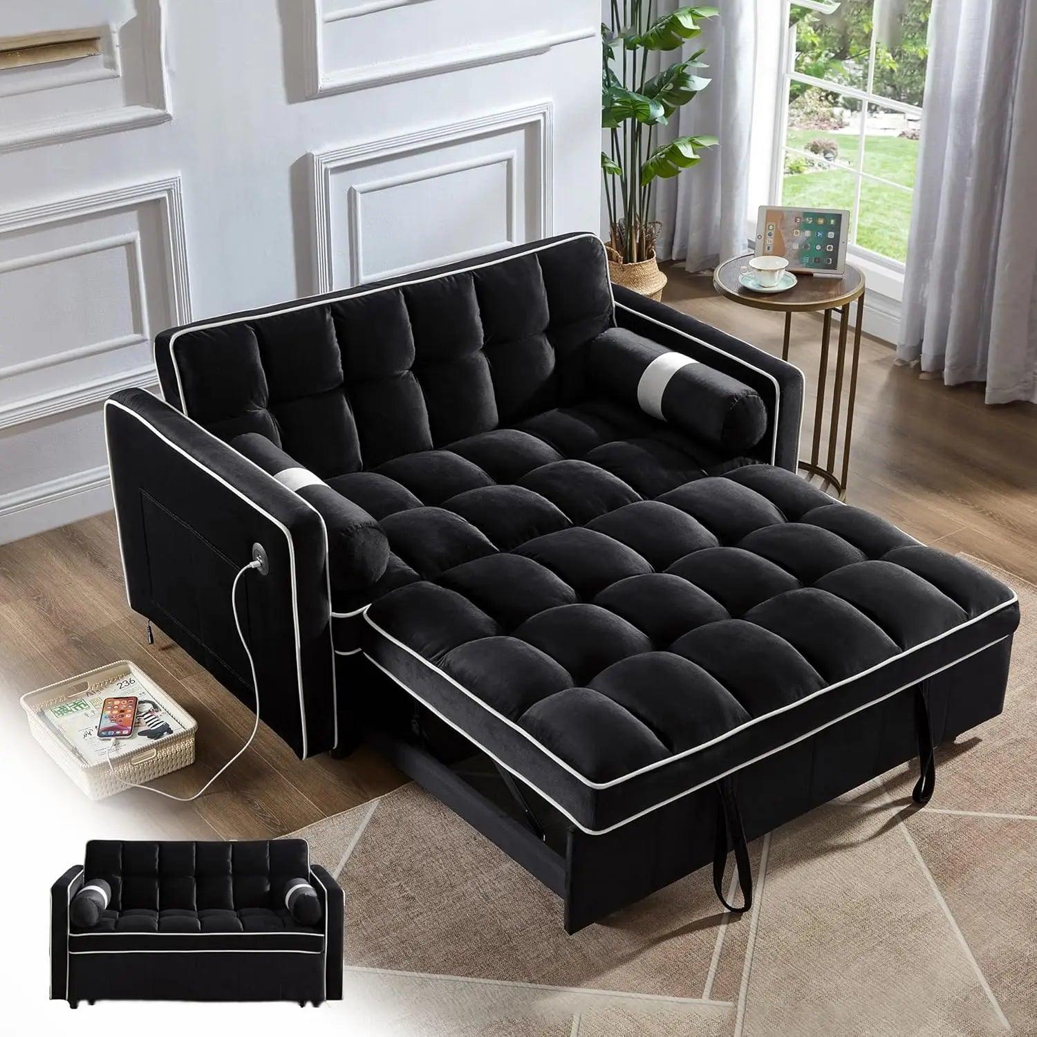 Convertible Velvet Sofa Bed - 3-in-1 Sleeper Loveseat with USB Ports and Adjustable Backrest