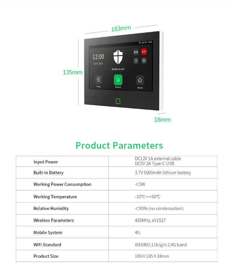 Wireless WiFi 4G Home Alarm System - CPVAN LoRo Security Kit with 7 Display  5000mAh Battery