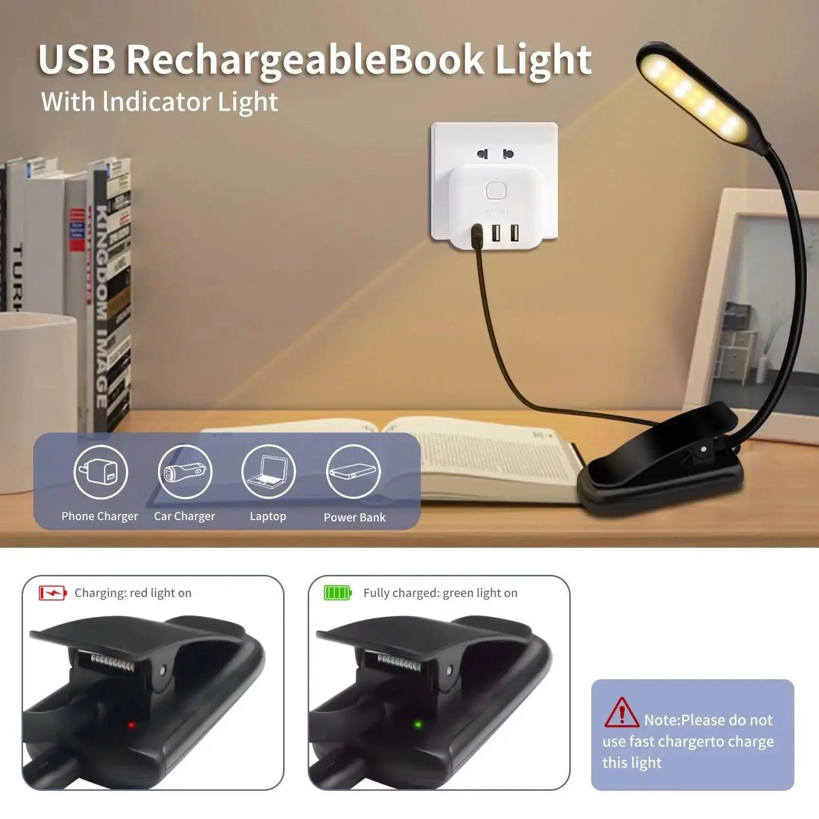 Rechargeable LED Book Light - Adjustable Brightness  3 Color Temperatures for Reading in Bed