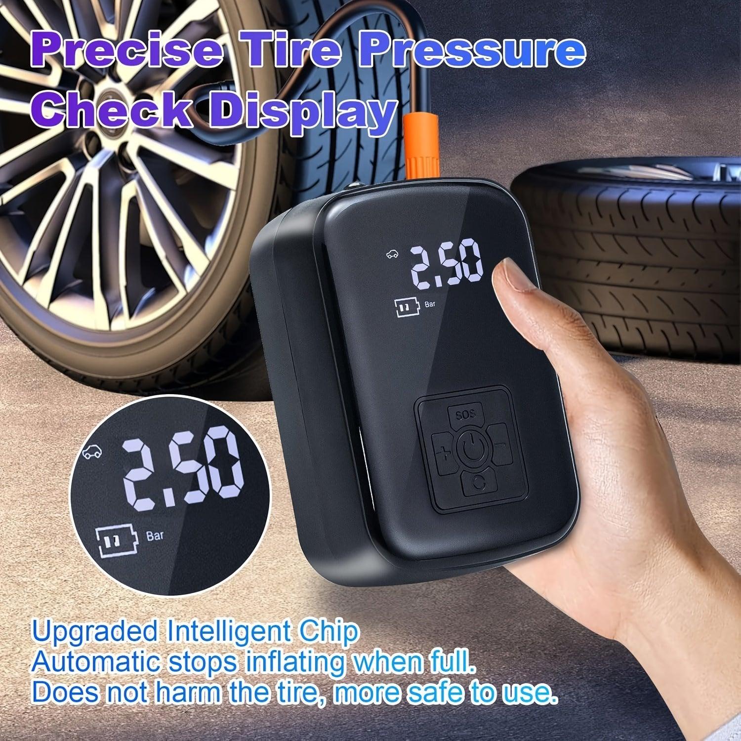 Portable Digital Air Compressor - Rechargeable Tire Inflator with LED Light  USB Charging